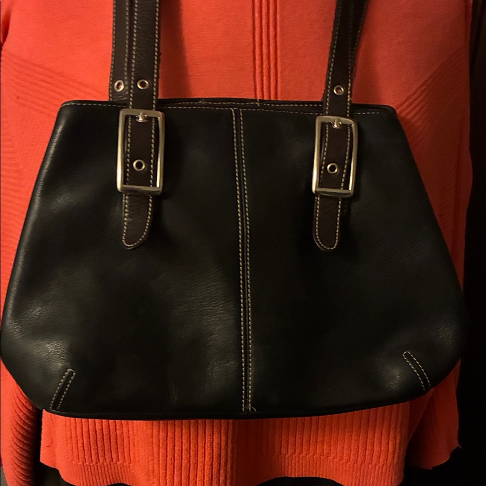Tignanello Black Leather Shoulder Bag with Buckle Accents